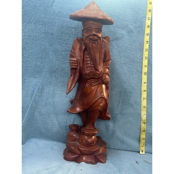 Hand Carved Asian Fisherman Large Wood Statue 14.5 Inches Missing Pole MCM - Picture 1 of 8